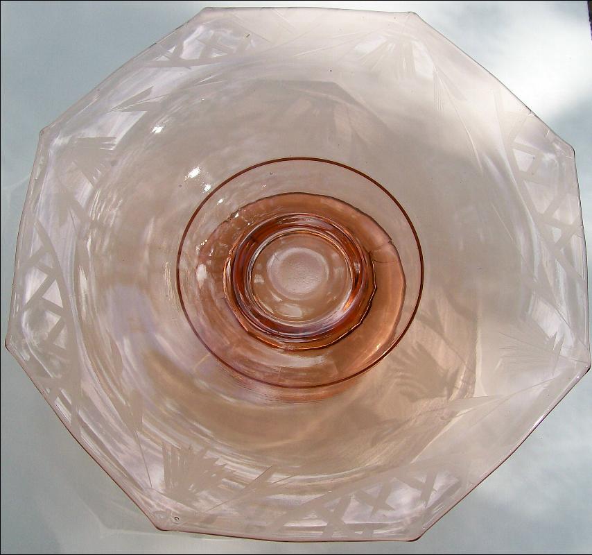 Pink Depression Glass Octagon Pedestal Console Bowl Cut Floral/Lattice 10
