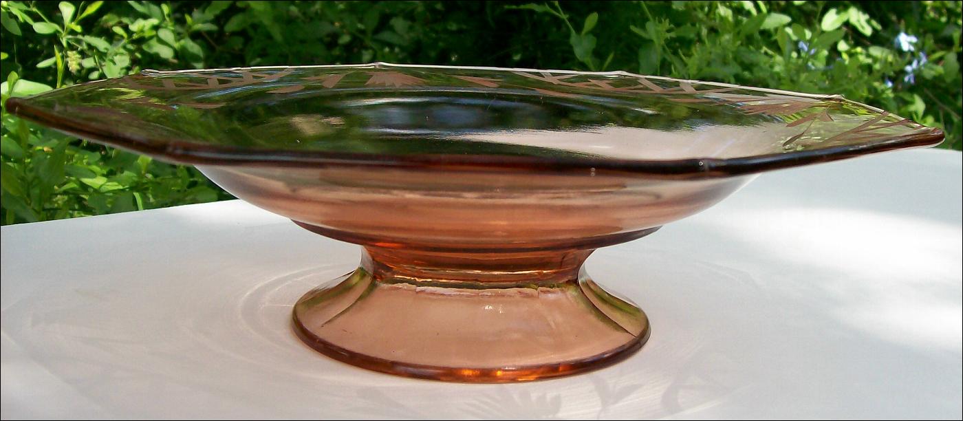 Pink Depression Glass Octagon Pedestal Console Bowl Cut Floral/Lattice 10