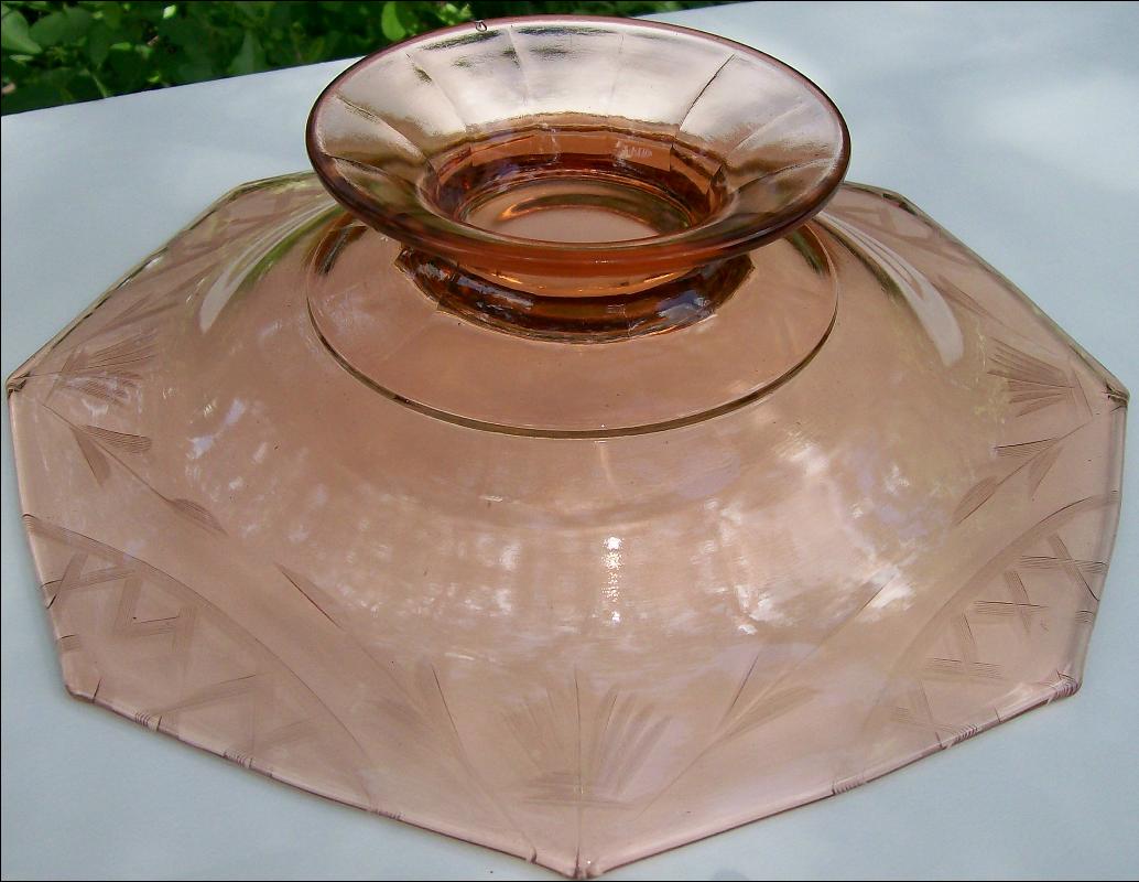 Pink Depression Glass Octagon Pedestal Console Bowl Cut Floral/Lattice 10