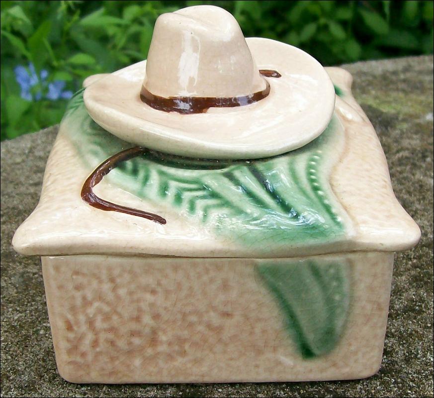 Western Cowboy Themed Covered Ceramic Box 1930s-50s Japan