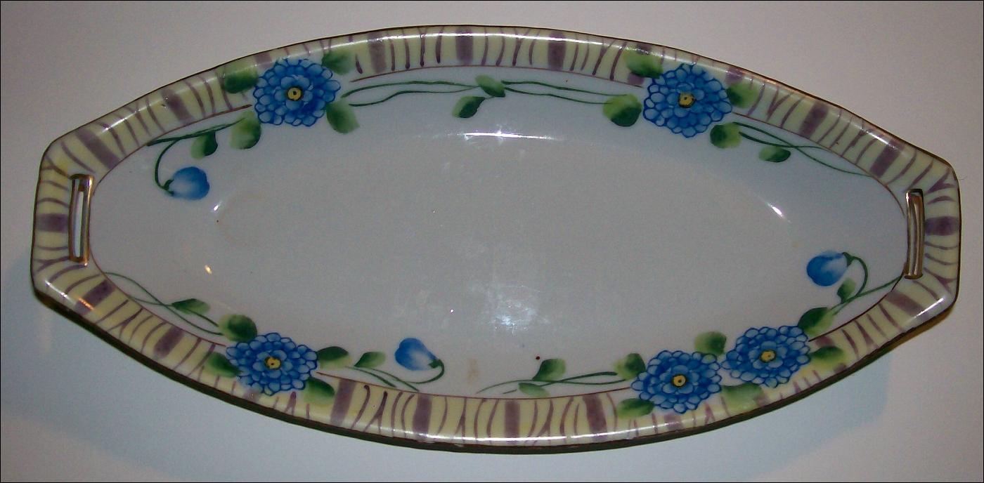 Japanese Porcelain Celery Dish with Blue Flowers: 1920's-30's
