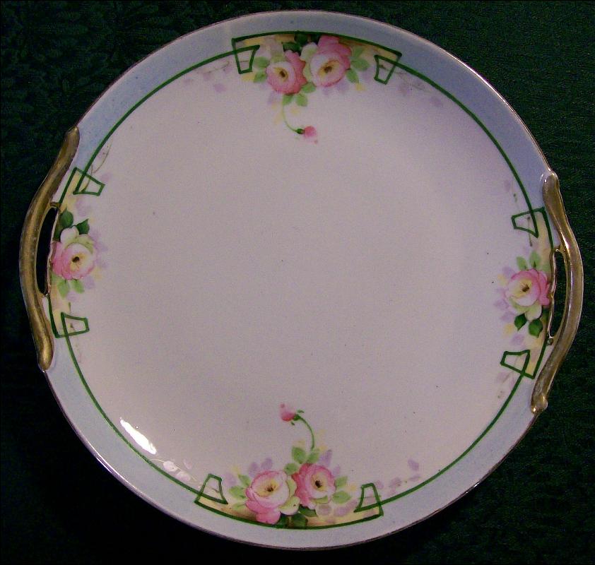 Nippon Ceramic Cake Plate with Hand-painted Roses Green Line NIP59