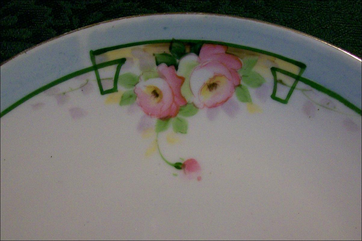 Nippon Ceramic Cake Plate with Hand-painted Roses Green Line NIP59