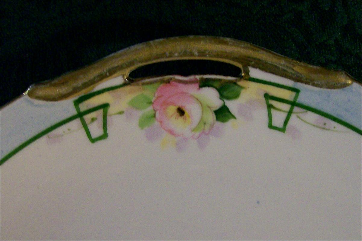 Nippon Ceramic Cake Plate with Hand-painted Roses Green Line NIP59