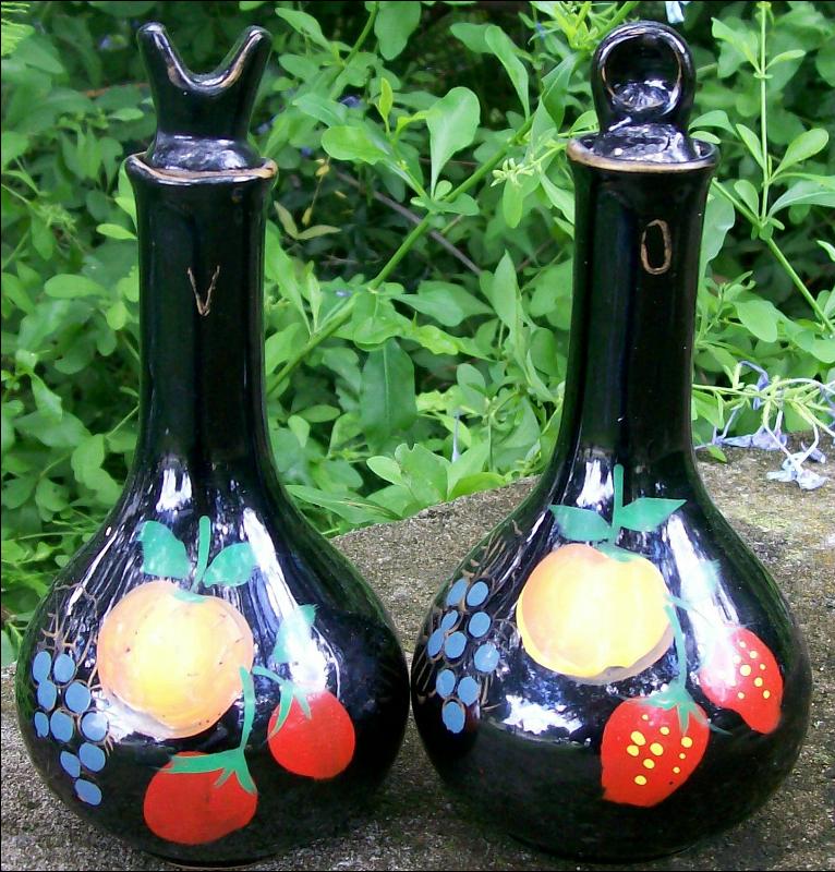 Mid-Century Japan Ceramic Oil & Vinegar Cruets Black w/Hand-Painted Fruit 6.75