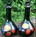 1950s Japan Ceramic Oil & Vinegar Cruets Black w/Hand-Painted Fruit 6.75