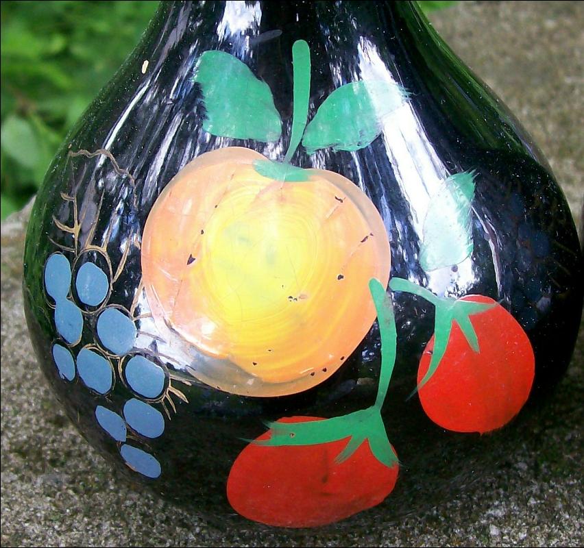 Mid-Century Japan Ceramic Oil & Vinegar Cruets Black w/Hand-Painted Fruit 6.75