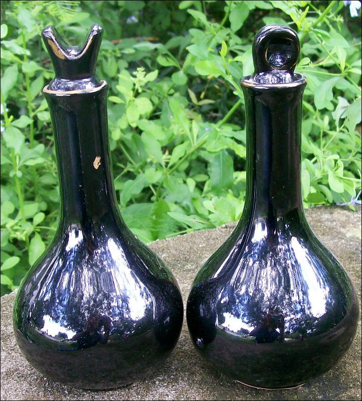 Mid-Century Japan Ceramic Oil & Vinegar Cruets Black w/Hand-Painted Fruit 6.75