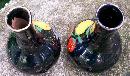 1950s Japan Ceramic Oil & Vinegar Cruets Black w/Hand-Painted Fruit 6.75