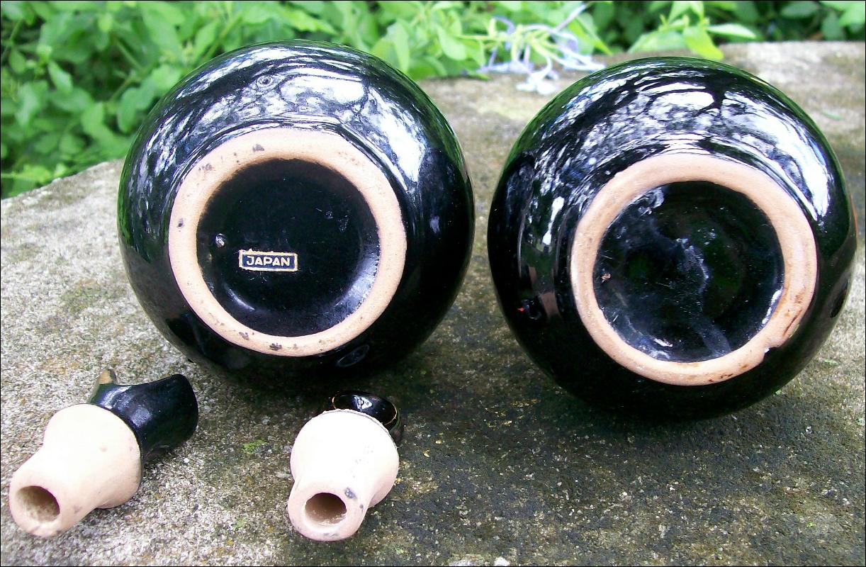 Mid-Century Japan Ceramic Oil & Vinegar Cruets Black w/Hand-Painted Fruit 6.75