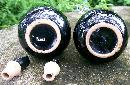 1950s Japan Ceramic Oil & Vinegar Cruets Black w/Hand-Painted Fruit 6.75