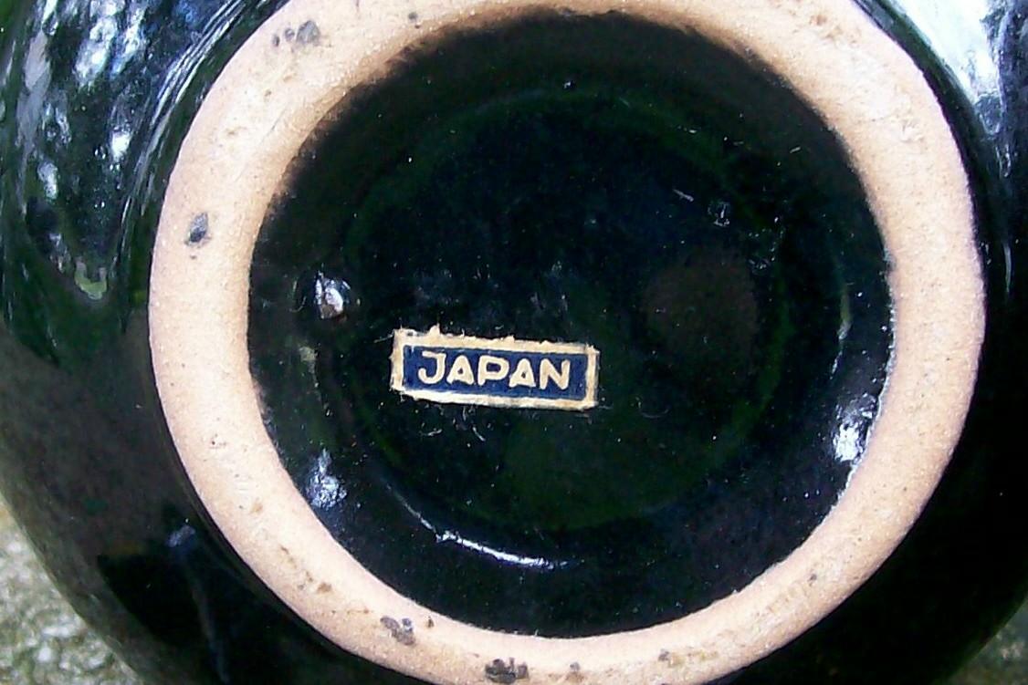 Mid-Century Japan Ceramic Oil & Vinegar Cruets Black w/Hand-Painted Fruit 6.75