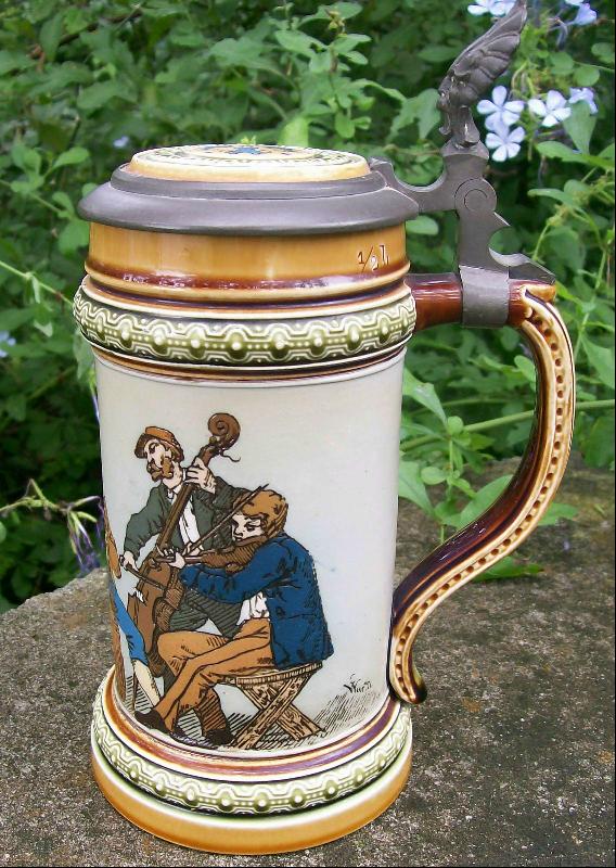 Mettlach German Ceramic Stein #1471 Musicians C. Warth Artist 1895