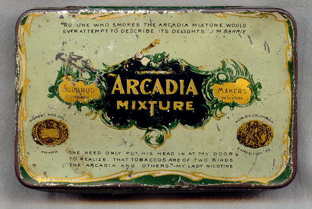 Arcadia Mixture Flat Pocket Tobacco Advertising Tin