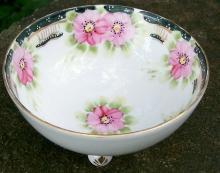 Noritake Nippon Hand-Painted Bowl 3 Ball Feet 1911-21 Pink Floral with Blue Trim