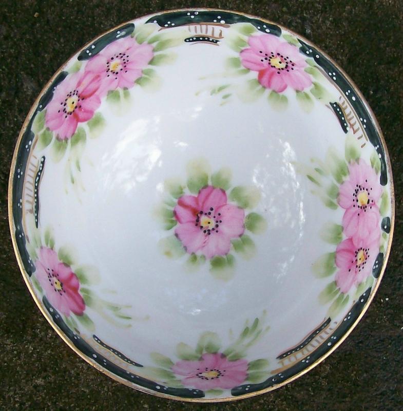 Noritake Nippon Hand-Painted Bowl 3 Ball Feet 1911-21 Pink Floral with Blue Trim