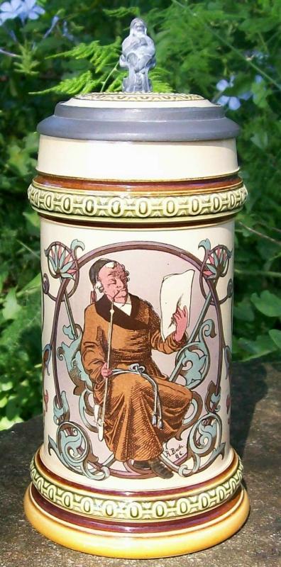 Mettlach Ceramic Stein with Smoker #1530 R. Buch Artist 1894