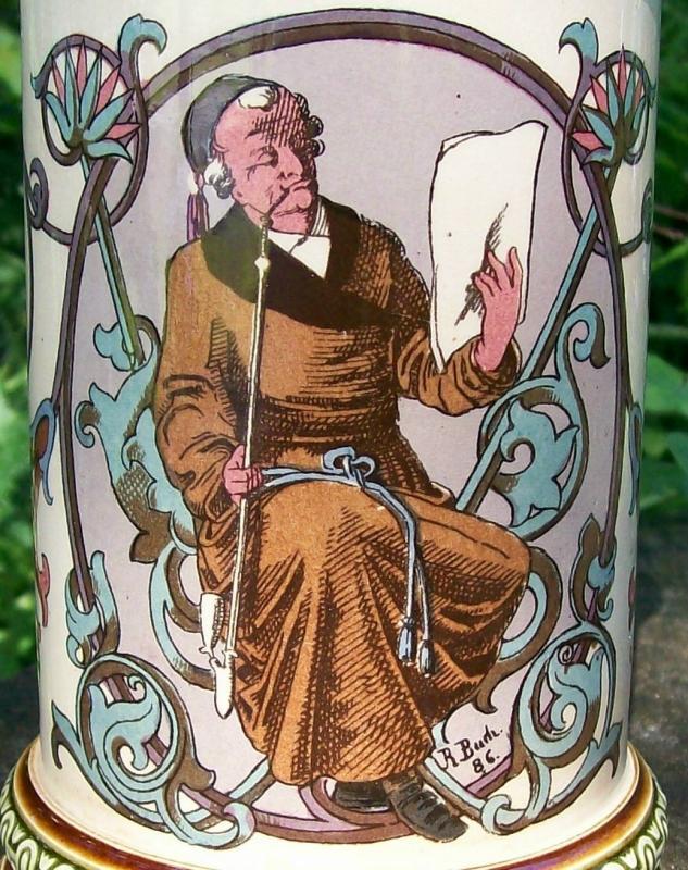 Mettlach Ceramic Stein with Smoker #1530 R. Buch Artist 1894