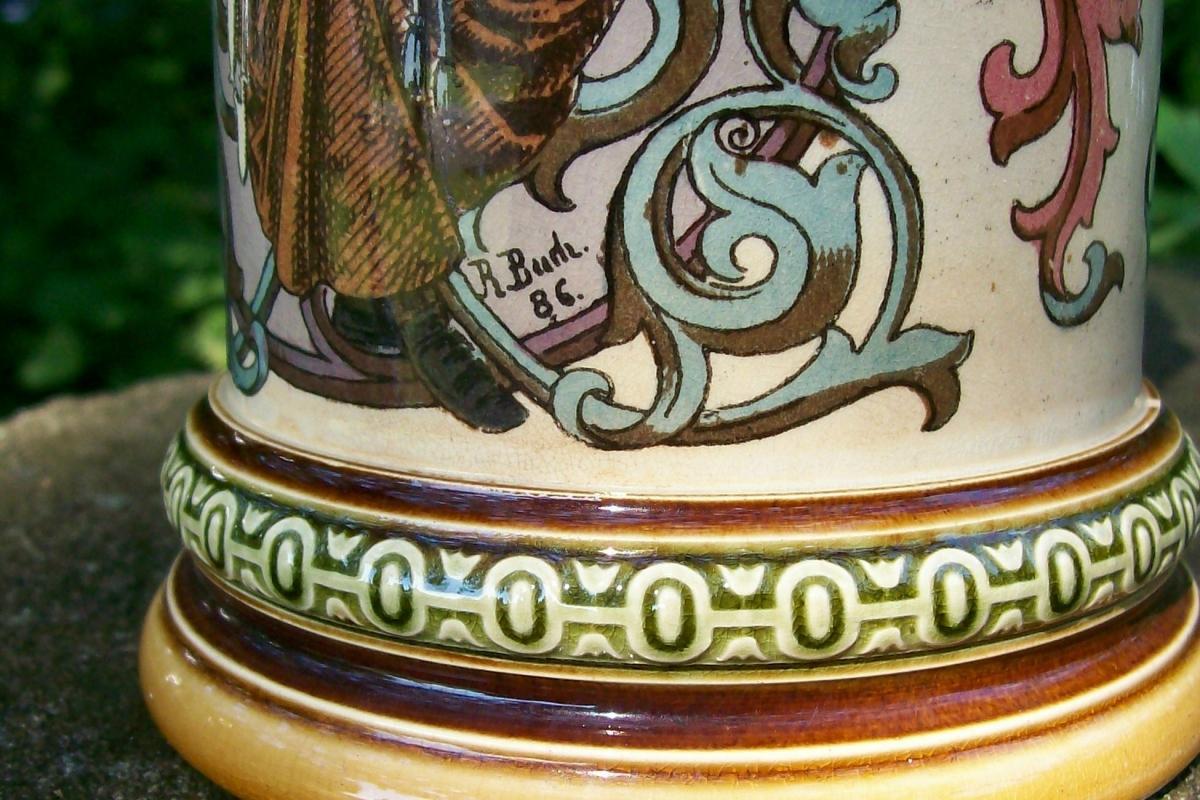 Mettlach Ceramic Stein with Smoker #1530 R. Buch Artist 1894