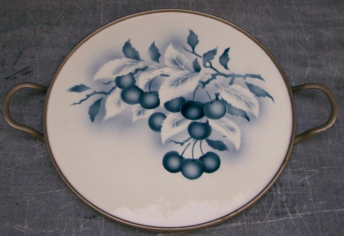 German Graniteware Handled Tray: Fruit Decoration