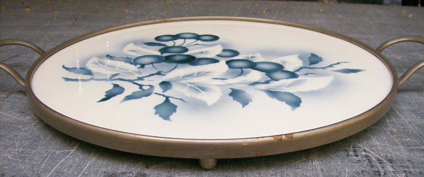 German Graniteware Handled Tray: Fruit Decoration