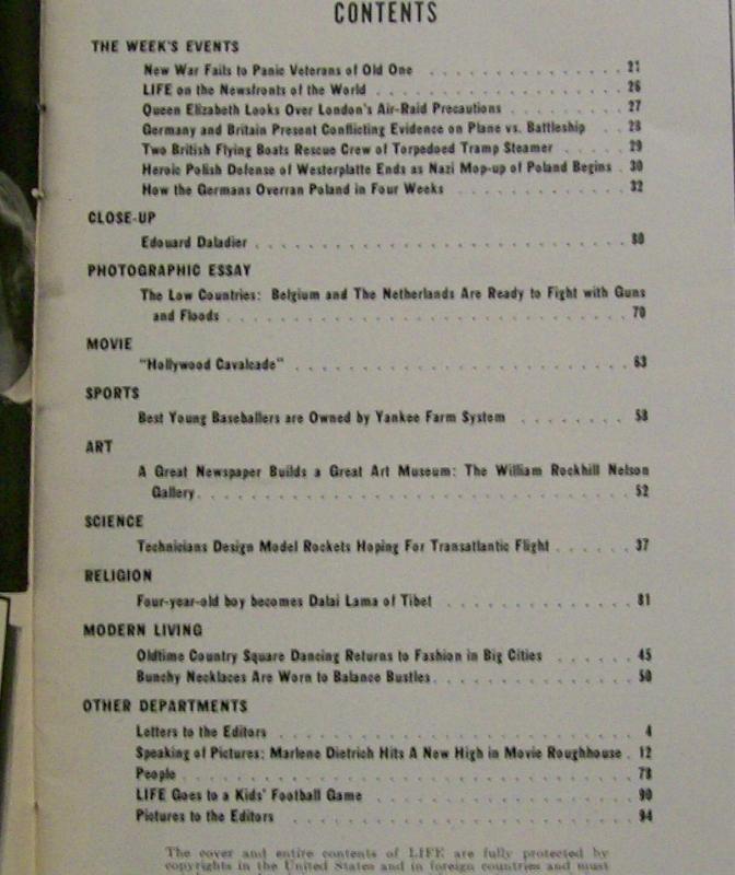 Life Magazine 10/9/1939 Kid's Football / German Invasion / Hollywood Movie Stars