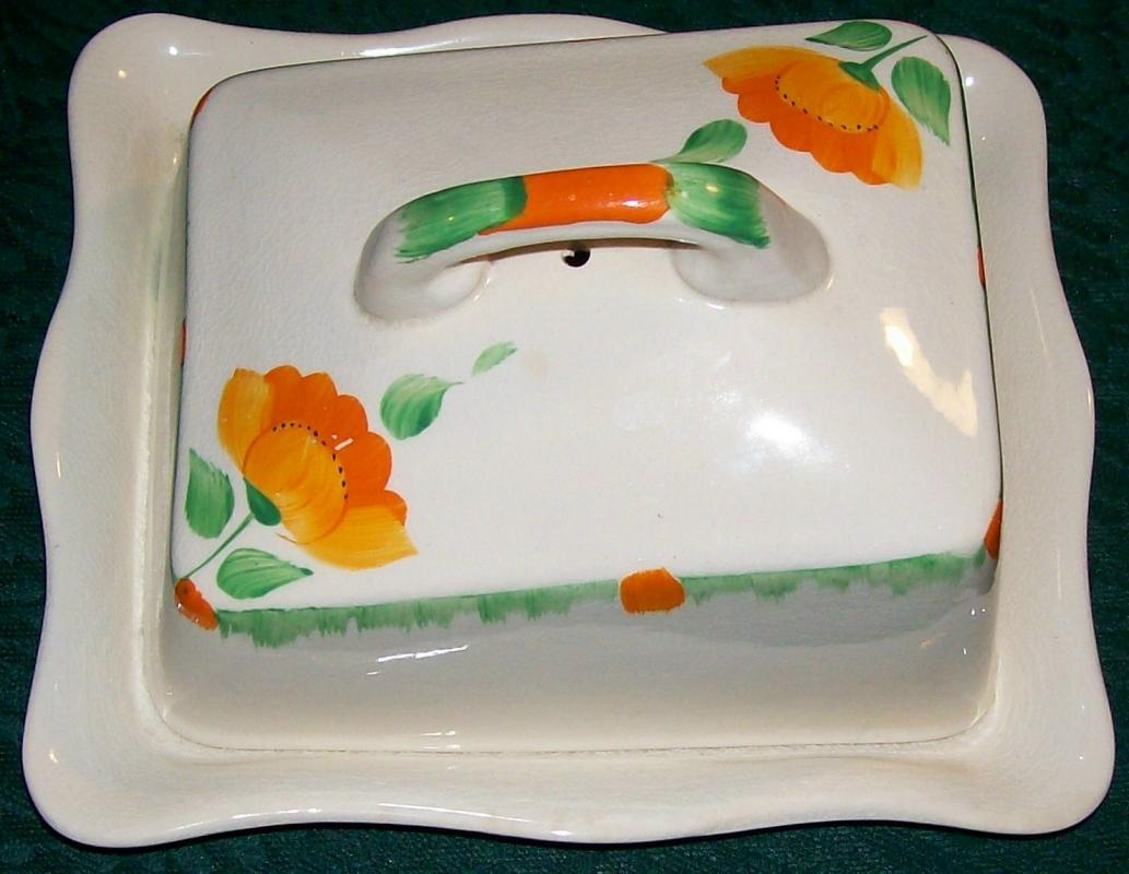 Swinnertons Art Deco Luxor Ivory Ceramic Cheese Dish & Cover Orange/Green 1940s