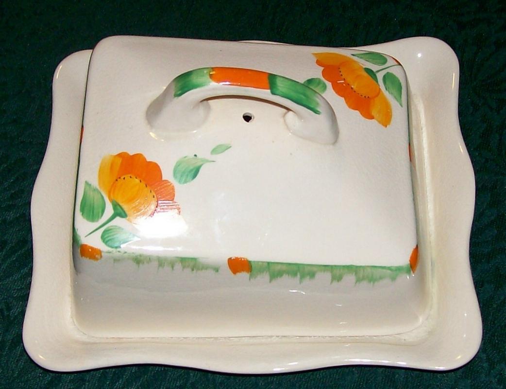 Swinnertons Art Deco Luxor Ivory Ceramic Cheese Dish & Cover Orange/Green 1940s