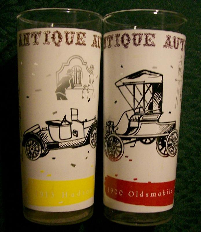 A. Hocking Antique Autos Glass Tumbler Pair 1950s-60s Hudson/Oldsmobile