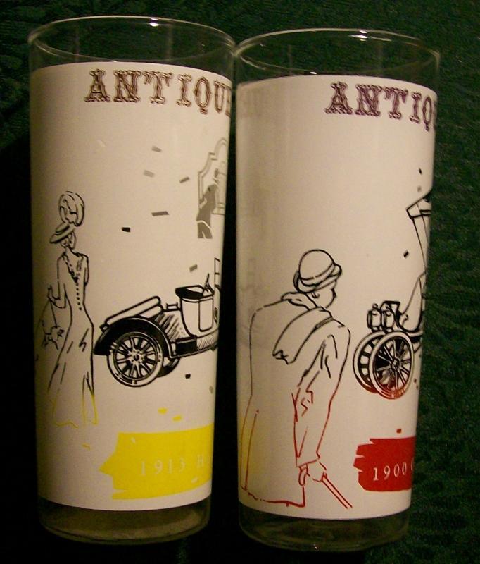 A. Hocking Antique Autos Glass Tumbler Pair 1950s-60s Hudson/Oldsmobile