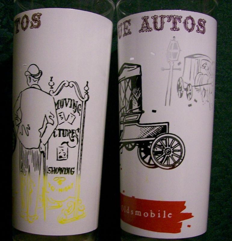 A. Hocking Antique Autos Glass Tumbler Pair 1950s-60s Hudson/Oldsmobile