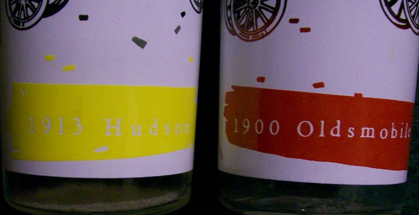 A. Hocking Antique Autos Glass Tumbler Pair 1950s-60s Hudson/Oldsmobile