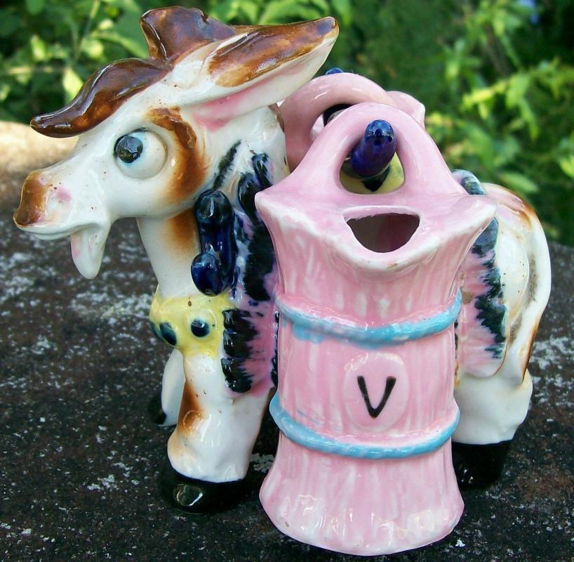 Figural Donkey Ceramic Oil & Vinegar Set 1950's Carrier w/ Hanging Cruets