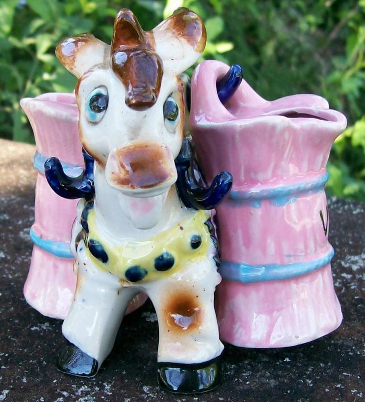 Figural Donkey Ceramic Oil & Vinegar Set 1950's Carrier w/ Hanging Cruets