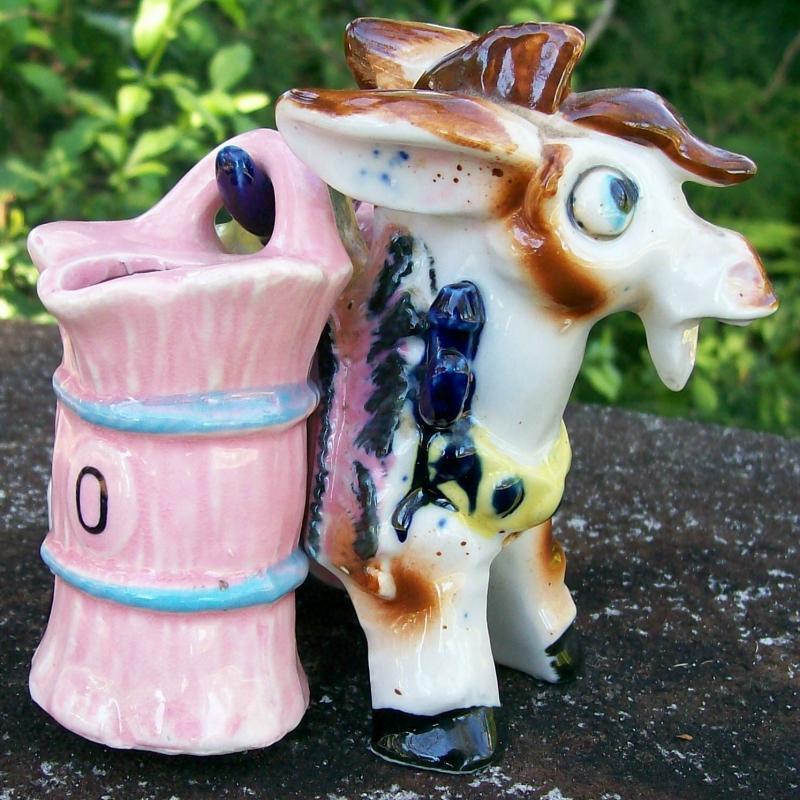 Figural Donkey Ceramic Oil & Vinegar Set 1950's Carrier w/ Hanging Cruets
