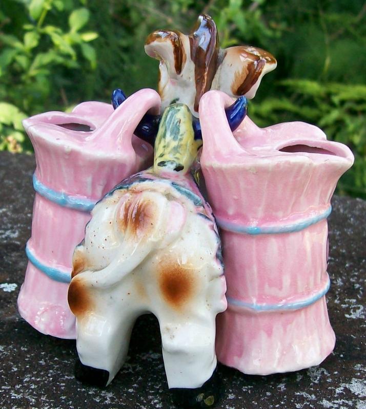 Figural Donkey Ceramic Oil & Vinegar Set 1950's Carrier w/ Hanging Cruets
