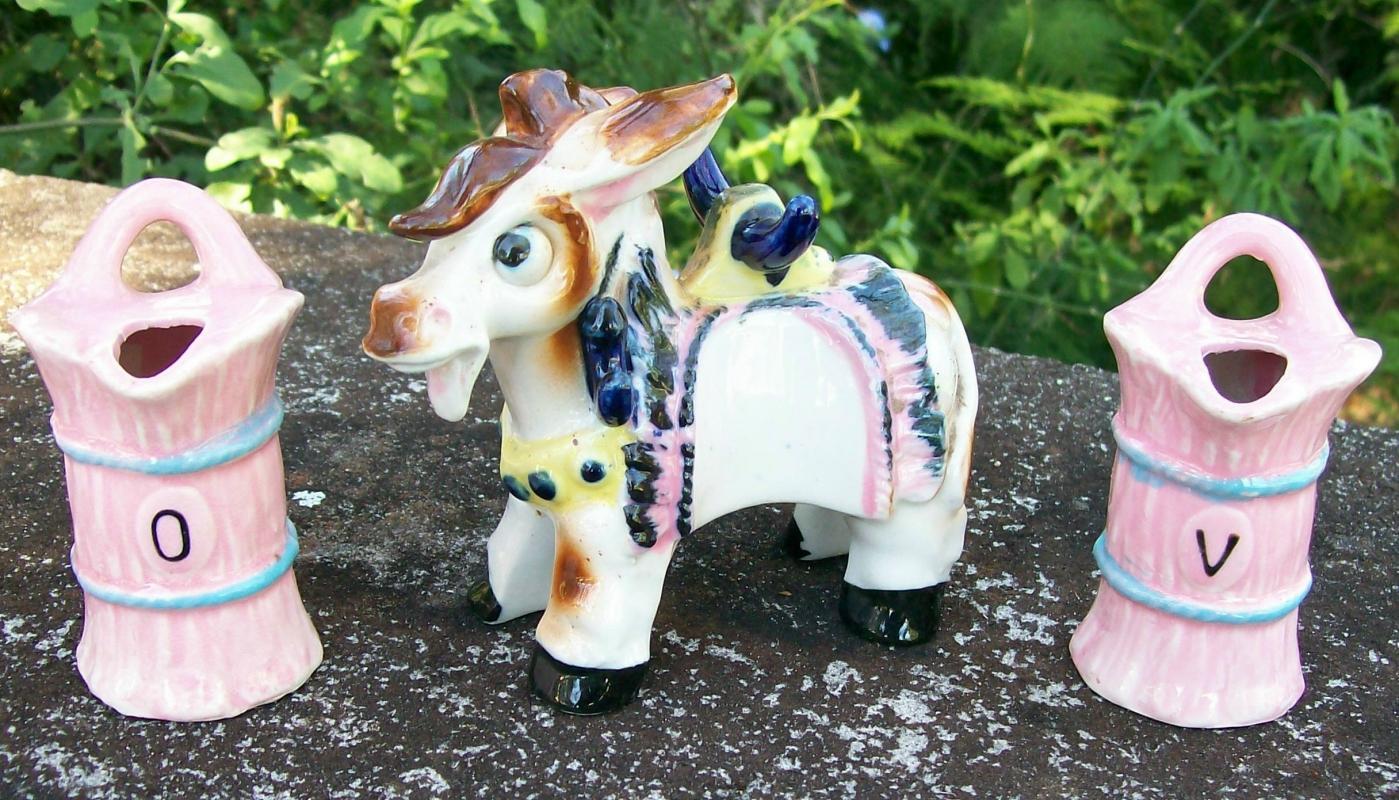 Figural Donkey Ceramic Oil & Vinegar Set 1950's Carrier w/ Hanging Cruets