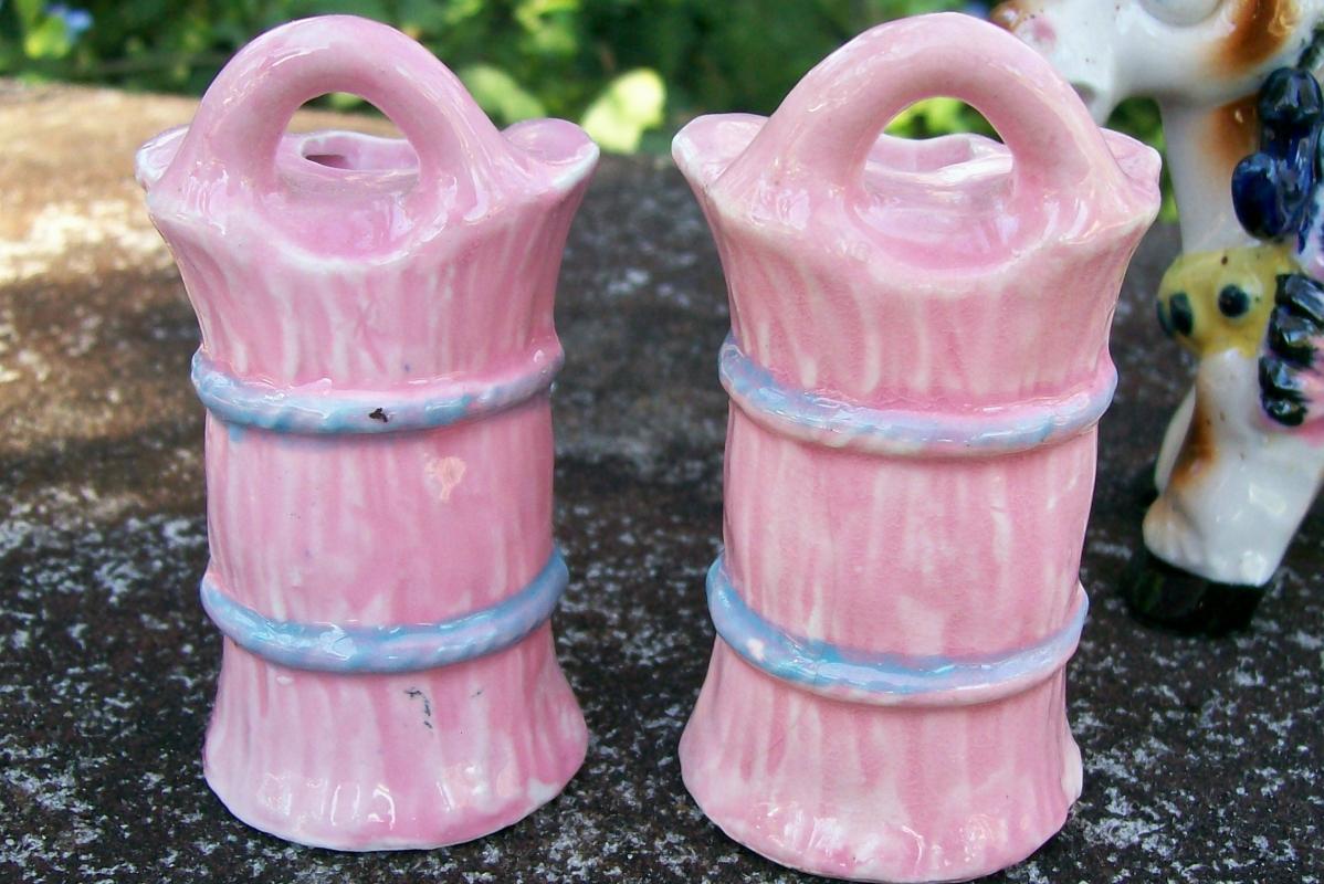 Figural Donkey Ceramic Oil & Vinegar Set 1950's Carrier w/ Hanging Cruets