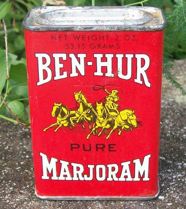 Spice Tin: Ben-Hur Marjoram, Circa 1930's 2 Ounce with Contents