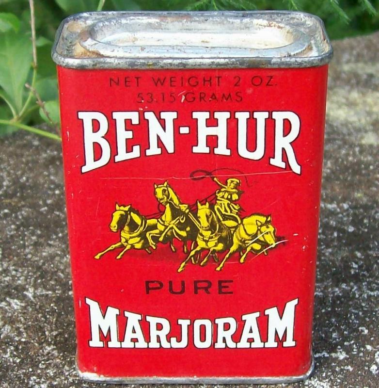 Spice Tin: Ben-Hur Marjoram, Circa 1930's 2 Ounce with Contents