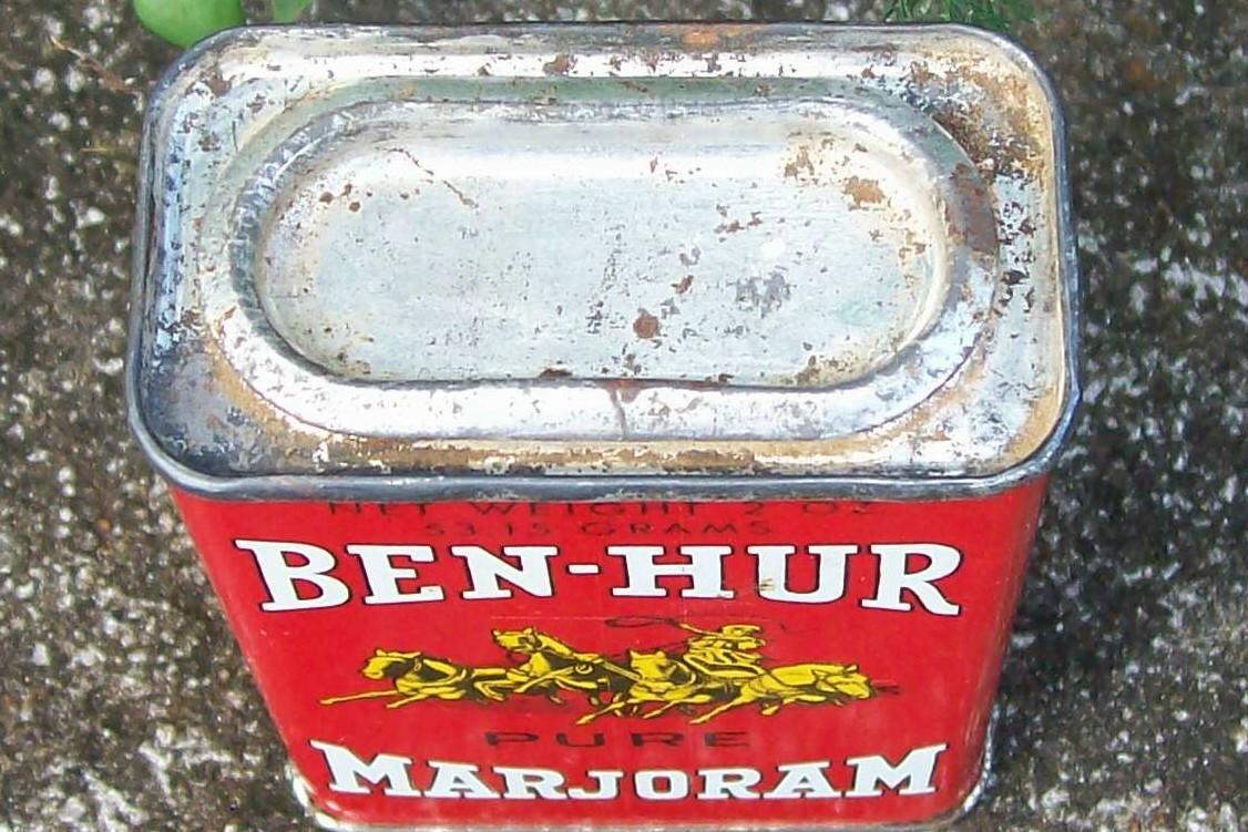 Spice Tin: Ben-Hur Marjoram, Circa 1930's 2 Ounce with Contents