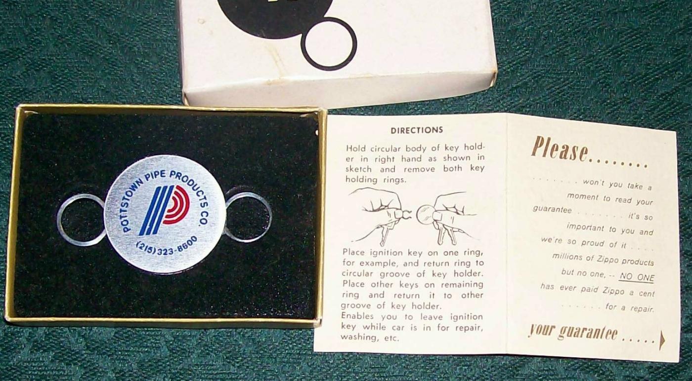 Zippo Advertising Metal Key Ring/Holder Pottstown Pipe Products Penn NIB