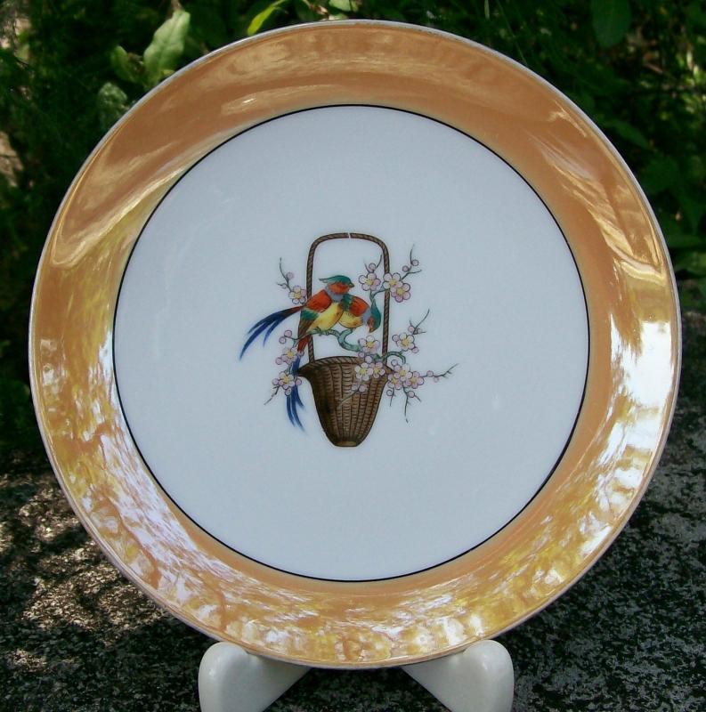Noritake Art Deco Porcelain Plate Chinese Pheasant Birds Orange Luster Rim N1143BL