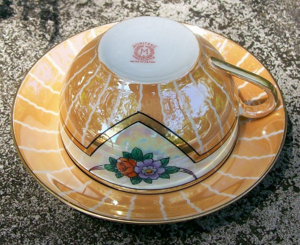 Noritake Art Deco Cup & Saucer Orange Luster Red/Purple Flower Swag