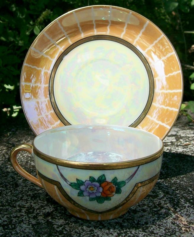 Noritake Art Deco Cup & Saucer Orange Luster Red/Purple Flower Swag