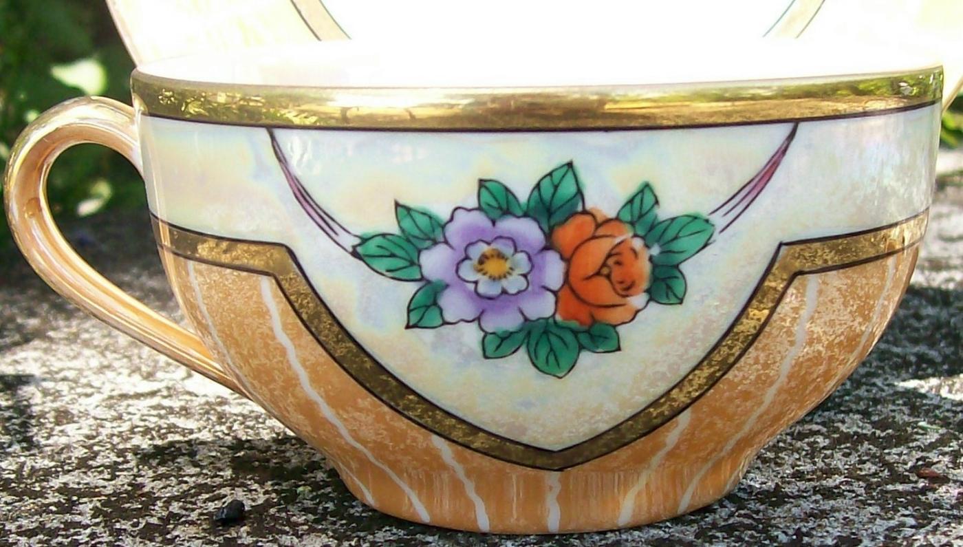 Noritake Art Deco Cup & Saucer Orange Luster Red/Purple Flower Swag