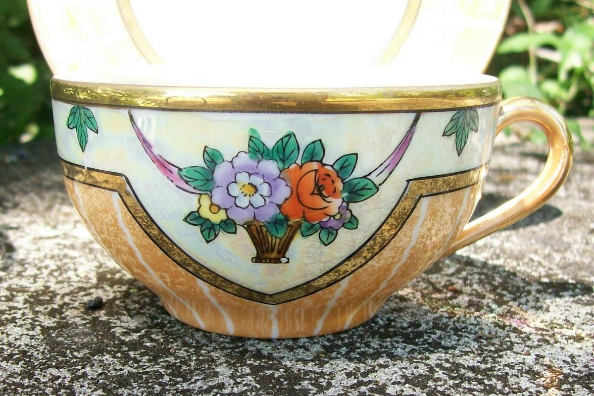 Noritake Art Deco Cup & Saucer Orange Luster Red/Purple Flower Swag