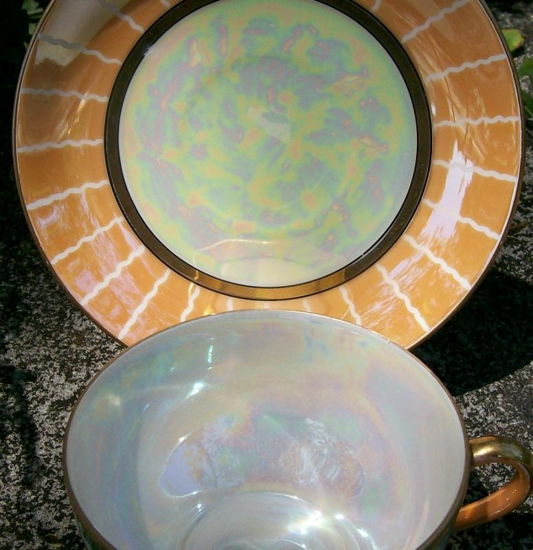 Noritake Art Deco Cup & Saucer Orange Luster Red/Purple Flower Swag