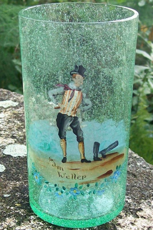 Czech Blown Seed Bubble Glass Tumbler Dickens Character Sam Weller Green 4 7/8