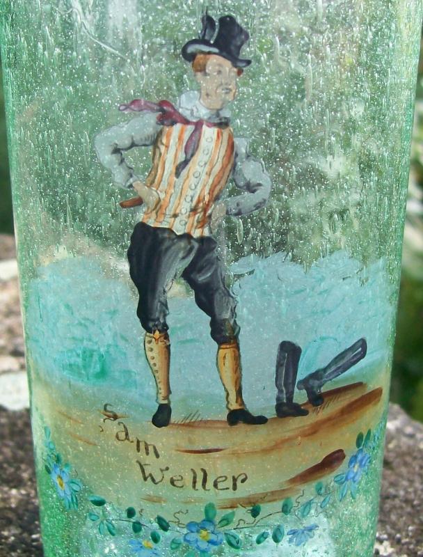 Czech Blown Seed Bubble Glass Tumbler Dickens Character Sam Weller Green 4 7/8
